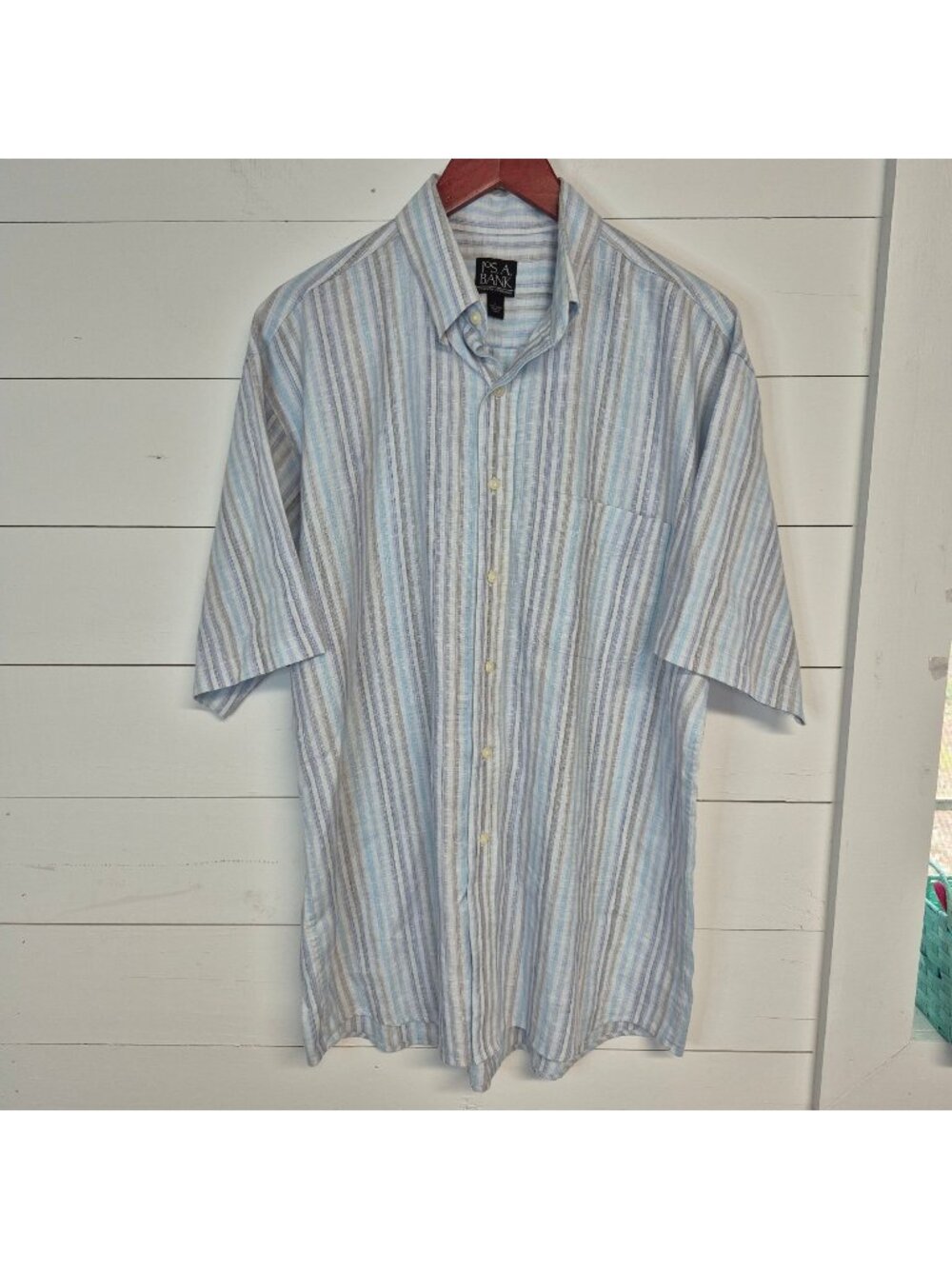 Jos A Bank Men's Striped 100% Linen Button down Short Sleeve Shirt